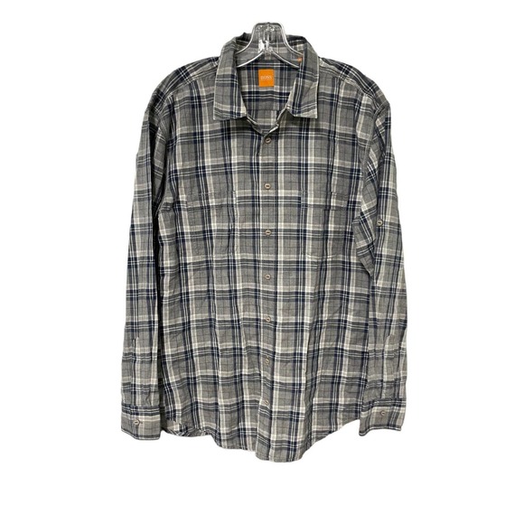 Boss Hugo Boss Shirt Mens XL Gray Button Down Long Sleeve Plaid Career Top - Picture 1 of 7